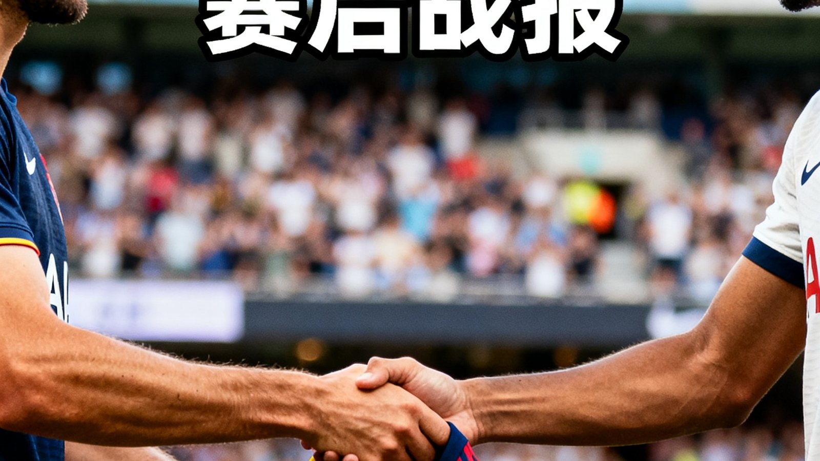 赛后战报文章配图，两名球员在赛后握手交换球衣的特写照片，背景虚化显示球迷看台，文章标题可见于图片上方，整体色调偏暖具有纪实摄影风格