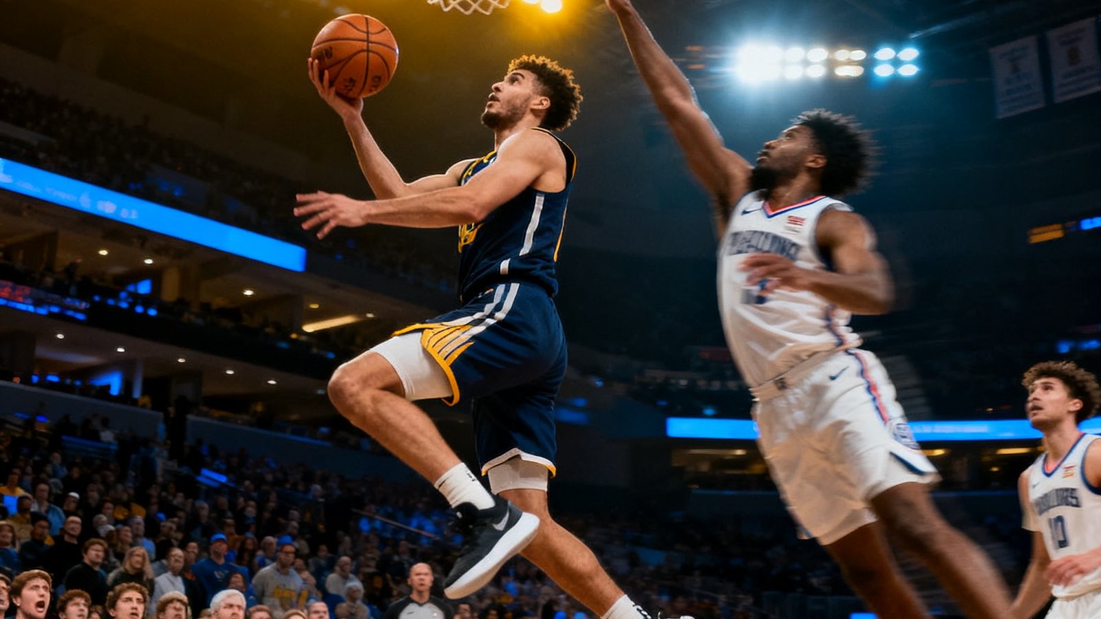 NBA季后赛战报配图，篮球场上球员突破上篮的精彩瞬间定格，防守球员奋力封盖，球馆内灯光璀璨，场边观众表情紧张专注，画面充满运动张力和戏剧性